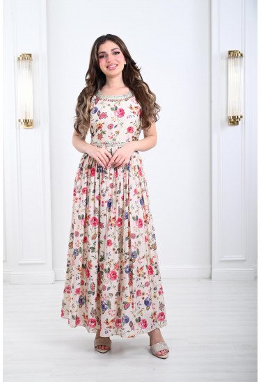 فستان مشجر بالزهور مزين بستراس لامع فستان مشجر بالزهور مزين بستراس لامع