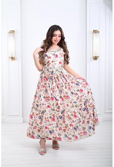 فستان مشجر بالزهور مزين بستراس لامع فستان مشجر بالزهور مزين بستراس لامع