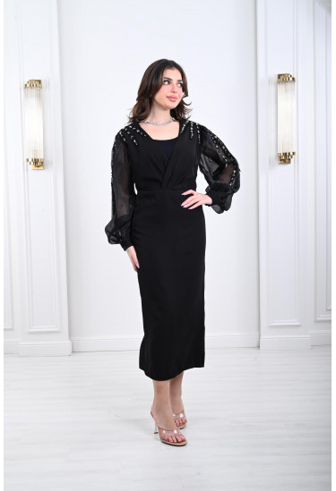 فستان سهرة باكمام منفوخة مطرزة 