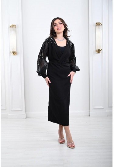 فستان سهرة باكمام منفوخة مطرزة 