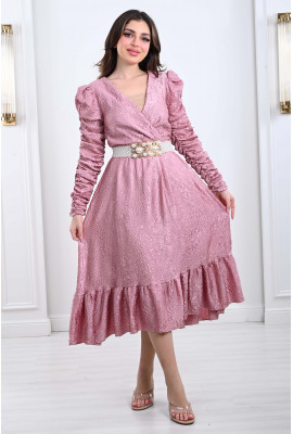 فستان ميدي مزخرف بحزام لولي عريض