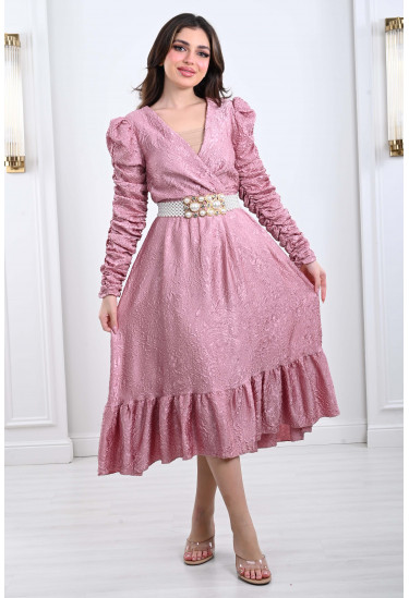 فستان ميدي مزخرف بحزام لولي عريض فستان ميدي مزخرف بحزام لولي عريض