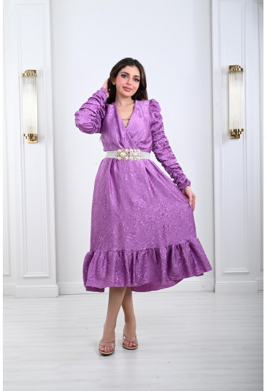 فستان ميدي مزخرف بحزام لولي عريض فستان ميدي مزخرف بحزام لولي عريض