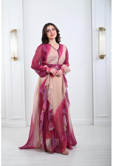 فستان شيفون طويل بنمط كتل الألوان فستان شيفون طويل بنمط كتل الألوان