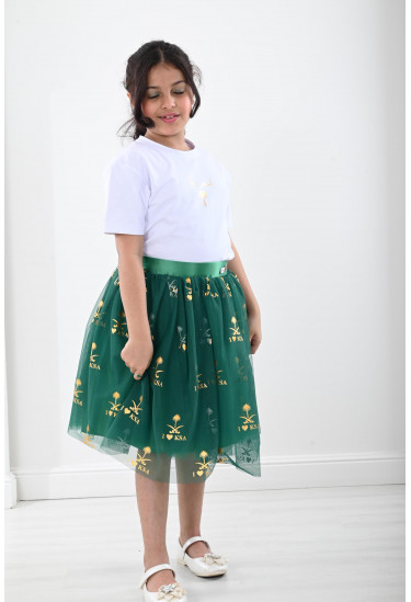 تنورة أطفال قصيرة بتطريز تراثي للعلم السعودي تنورة أطفال قصيرة بتطريز تراثي للعلم السعودي