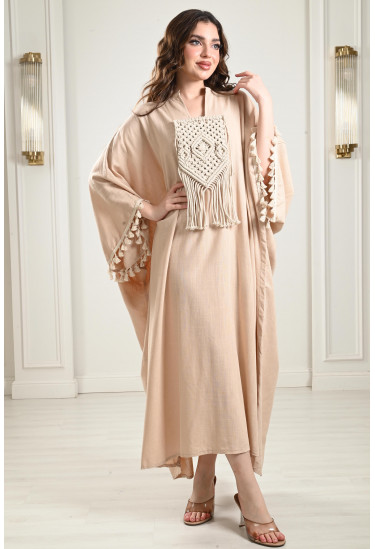 جلابية كتان بتطريز مكرمية جلابية كتان بتطريز مكرمية