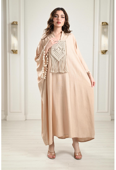 جلابية كتان بتطريز مكرمية جلابية كتان بتطريز مكرمية