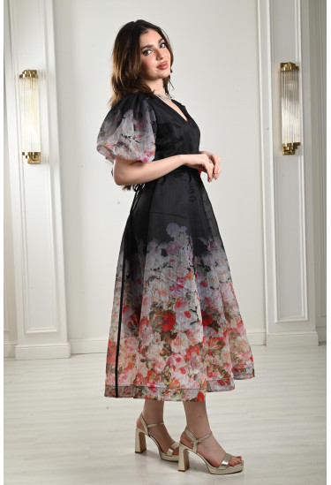 فستان ميدي بأكمام منفوخة