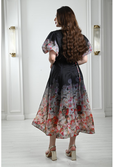 فستان ميدي بأكمام منفوخة