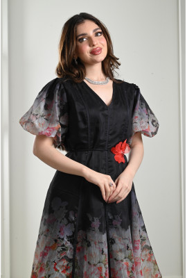 فستان ميدي بأكمام منفوخة