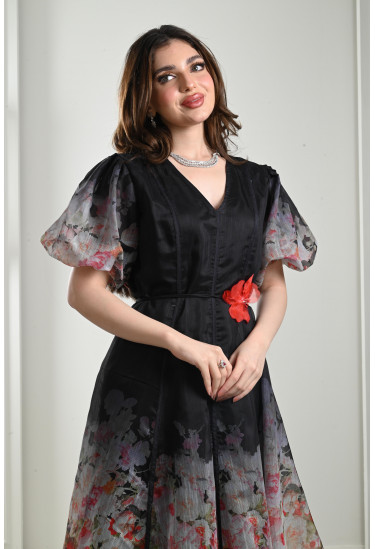 فستان ميدي بأكمام منفوخة