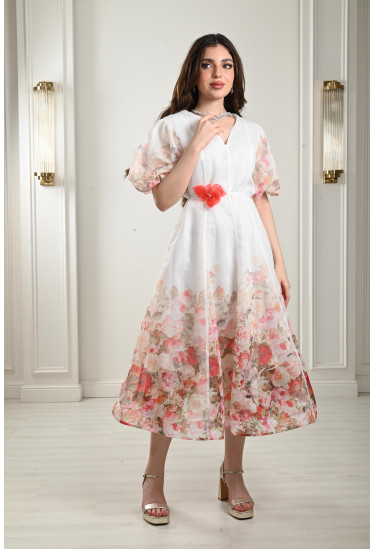 فستان ميدي بأكمام منفوخة