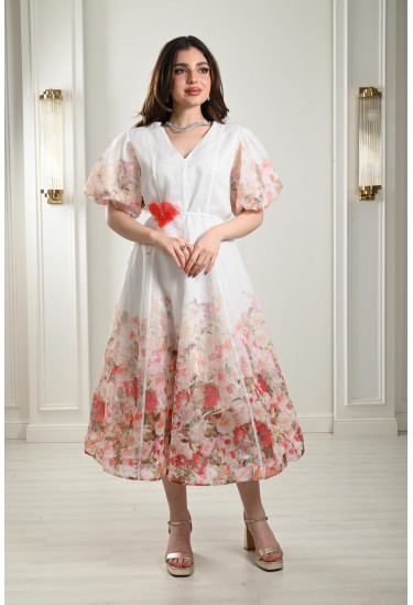 فستان ميدي بأكمام منفوخة