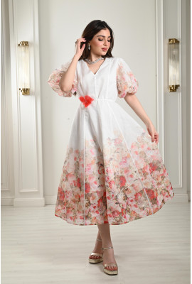 فستان ميدي بأكمام منفوخة