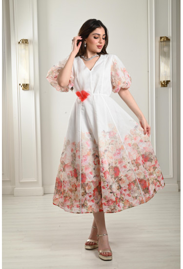 فستان ميدي بأكمام منفوخة