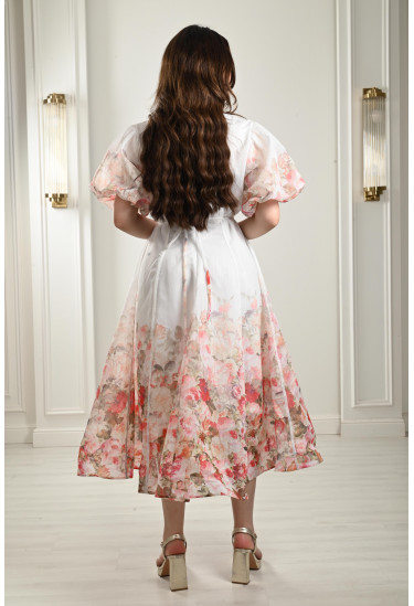 فستان ميدي بأكمام منفوخة