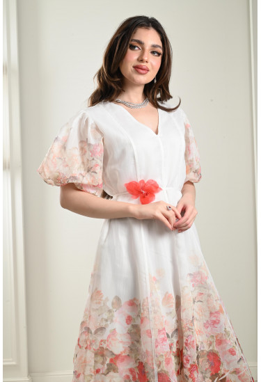 فستان ميدي بأكمام منفوخة