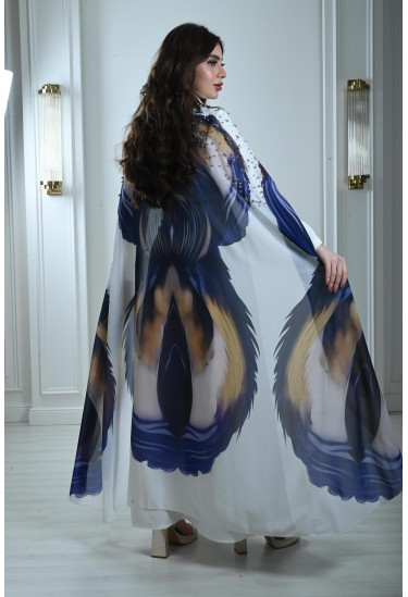 فستان أنيق بكاب طويل مطبوع فستان أنيق بكاب طويل مطبوع