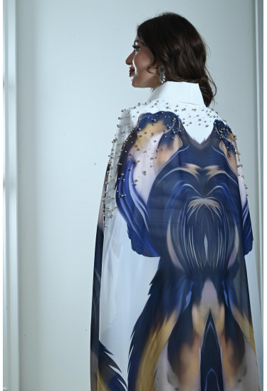 فستان أنيق بكاب طويل مطبوع فستان أنيق بكاب طويل مطبوع