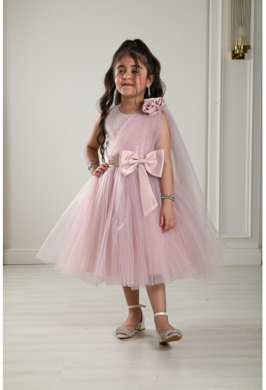 فستان بناتي تول بفيونكة علي الخصر