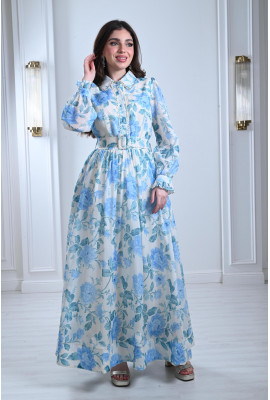 فستان طويل بياقة مرصعة بلأستراس