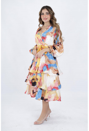 فستان حريري مزهر متعدد الألوان بتصميم كسرات وحزام خصر