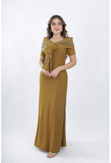 فستان سهرة أنيق مزين تطريز فضي فاخر