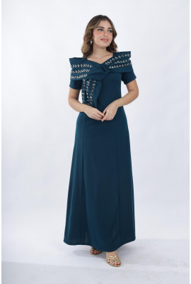 فستان سهرة أنيق مزين تطريز فضي فاخر