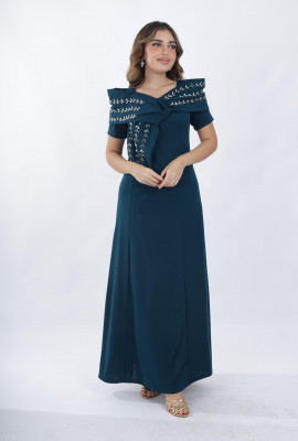 فستان سهرة أنيق مزين تطريز فضي فاخر