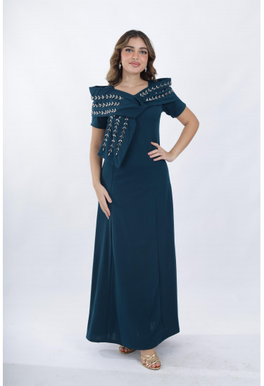 فستان سهرة أنيق مزين تطريز فضي فاخر