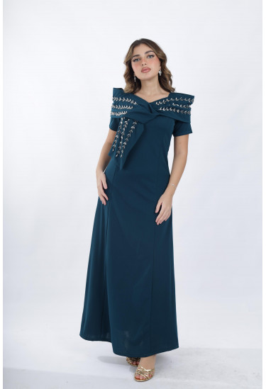 فستان سهرة أنيق مزين تطريز فضي فاخر