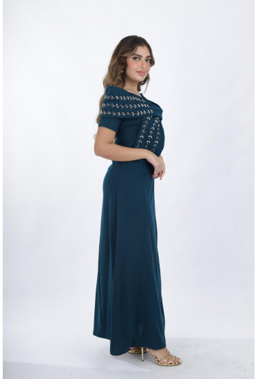 فستان سهرة أنيق مزين تطريز فضي فاخر