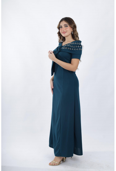 فستان سهرة أنيق مزين تطريز فضي فاخر