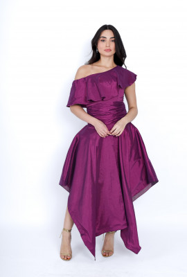 فستان سهرة أنيق بتصميم كتف واحد وكشكش فاخر   