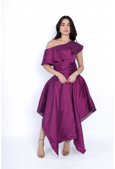 فستان سهرة أنيق بتصميم كتف واحد وكشكش فاخر   