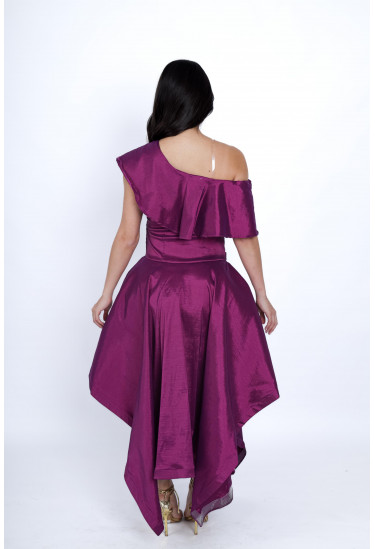 فستان سهرة أنيق بتصميم كتف واحد وكشكش فاخر   