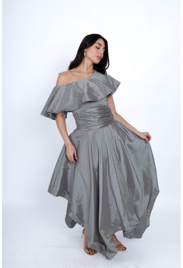 فستان سهرة أنيق بتصميم كتف واحد وكشكش فاخر   