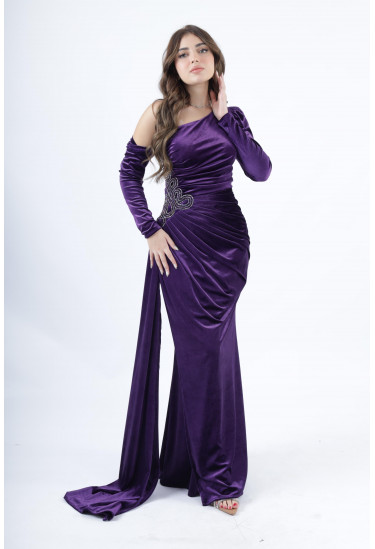 فستان سهرة كتف واحد مع تطريز