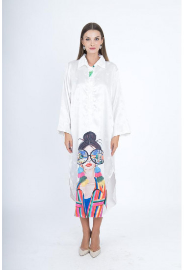 جلابيه ساتان بتصميم عصري مطبوع برسمة فنية ملونة