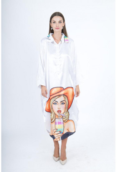 جلابيه ساتان بتصميم عصري مطبوع برسمة فنية ملونة