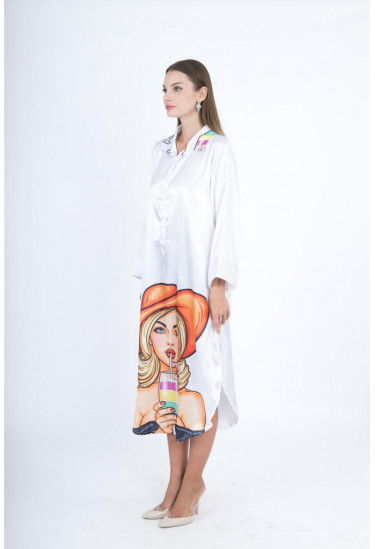 جلابيه ساتان بتصميم عصري مطبوع برسمة فنية ملونة