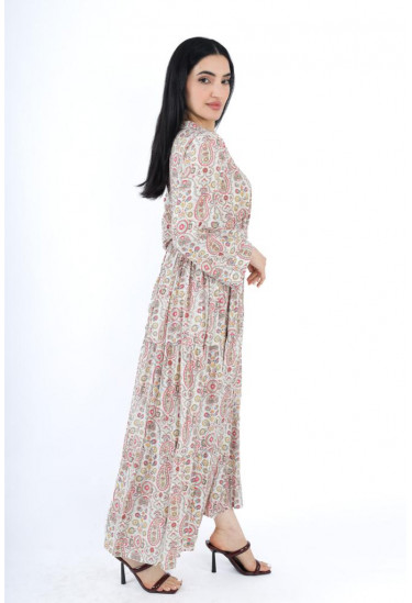 فستان طويل مشجر بنقشة بيزلي أنيقة وأكمام طويلة