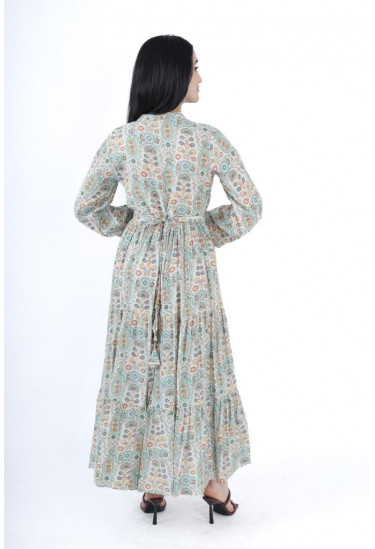 فستان طويل مشجر بنقشة بيزلي أنيقة وأكمام طويلة