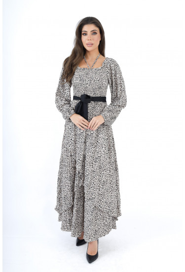 فستان بنقشة جلد الفهد بأكمام طويلة