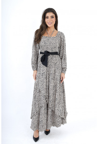 فستان بنقشة جلد الفهد بأكمام طويلة