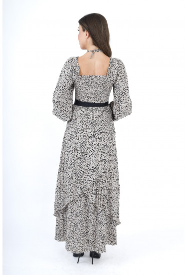 فستان بنقشة جلد الفهد بأكمام طويلة