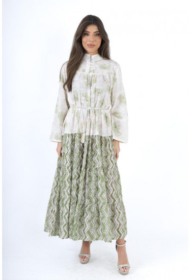 فستان طويل بنقوش زهرية و هندسية متداخلة