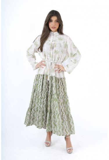 فستان طويل بنقوش زهرية و هندسية متداخلة