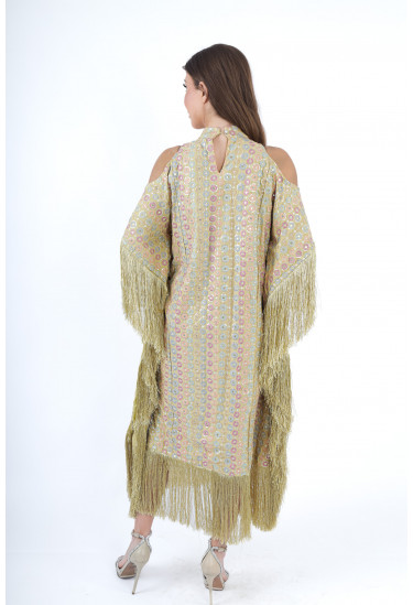 جلابية فاخرة مزينة بهدب مع نقوش دائرية ملونة