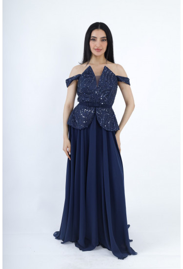 فستان سهرة أنيق بتطريز لامع وتصميم أوف شولدر